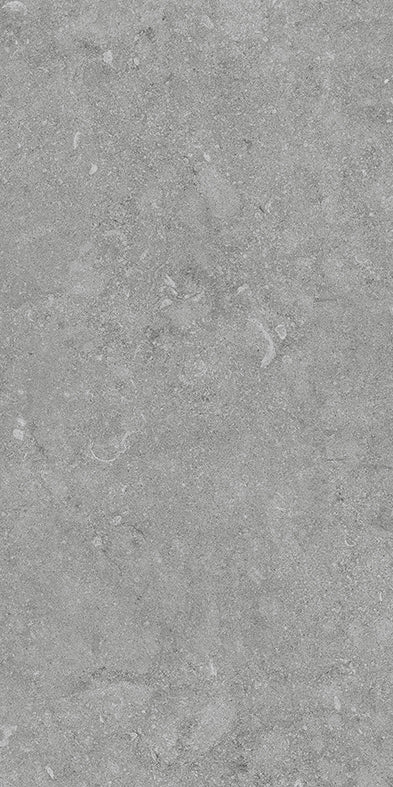 Demeris grey matt porcelain tile 300 x 600 mm featuring a mid-grey surface with subtle tonal variations and delicate markings.