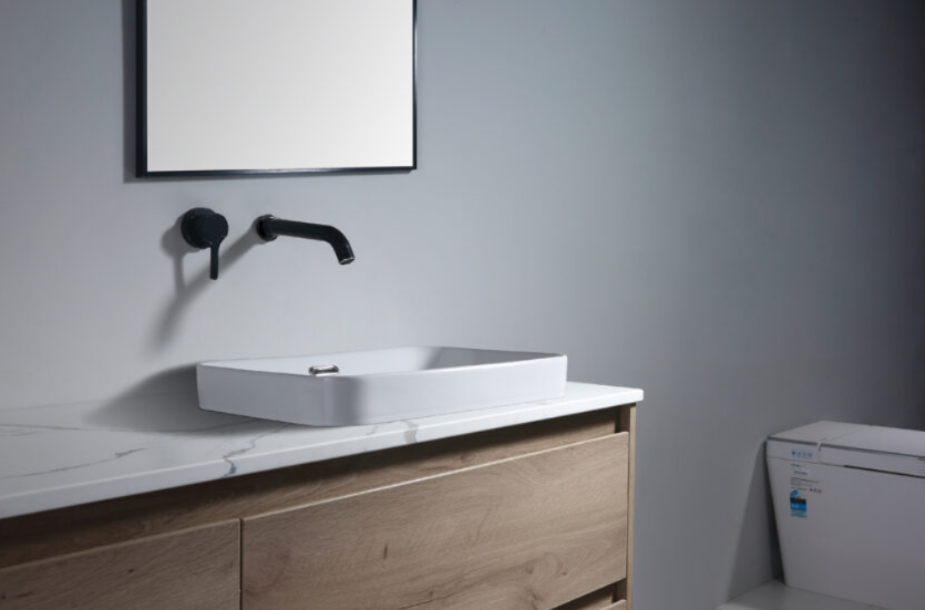 Gardina gloss white semi-inset ceramic basin with a rectangular shape and softly rounded corners, measuring 460 × 330 × 170 mm.