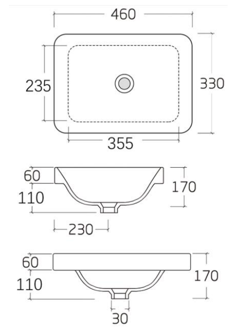 Gardina Gloss White Semi-Inset Ceramic Basin Dimensions 