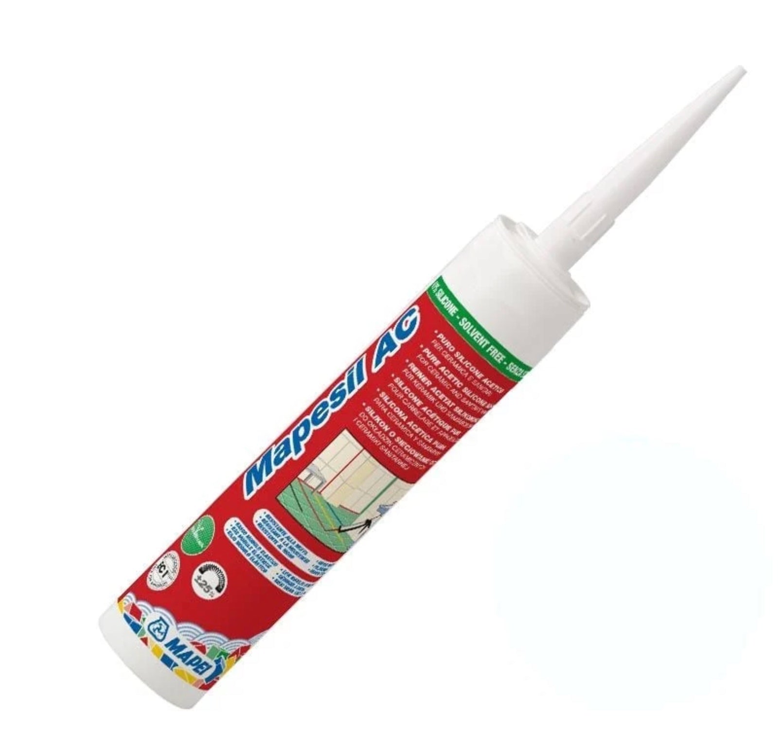 A tube of Mapesil AC silicone sealant with a white applicator nozzle, featuring a red and white label with blue branding and green accents, set against a plain white background.