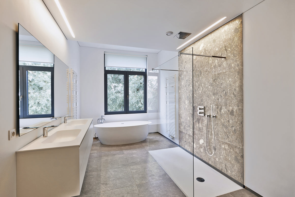 Marcellis Terrazzo Natural matt porcelain tile 300 x 600 mm with grey, taupe, cream and white terrazzo-style fragments.