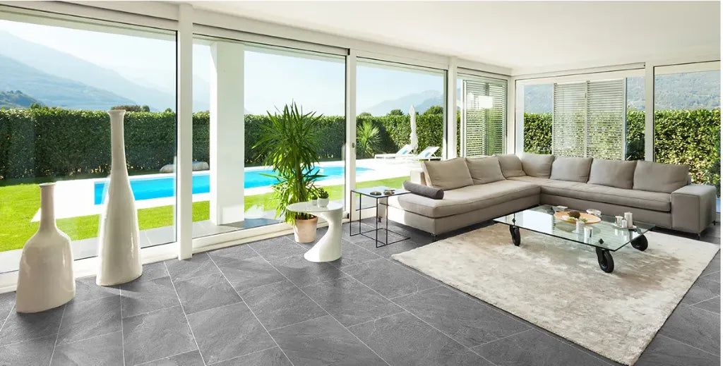 Merovia Black Matt Porcelain Tile 300 x 600 mm featuring a deep charcoal-black surface with layered tonal variations and irregular markings.
