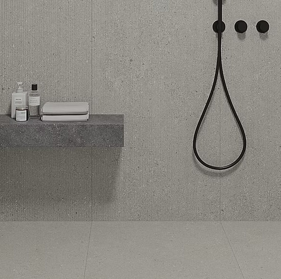 Shop Aurevia Silver Feature Tile 600 x 600mm for a refined neutral look. Ideal for creating a contemporary and cohesive bathroom or interior space.
