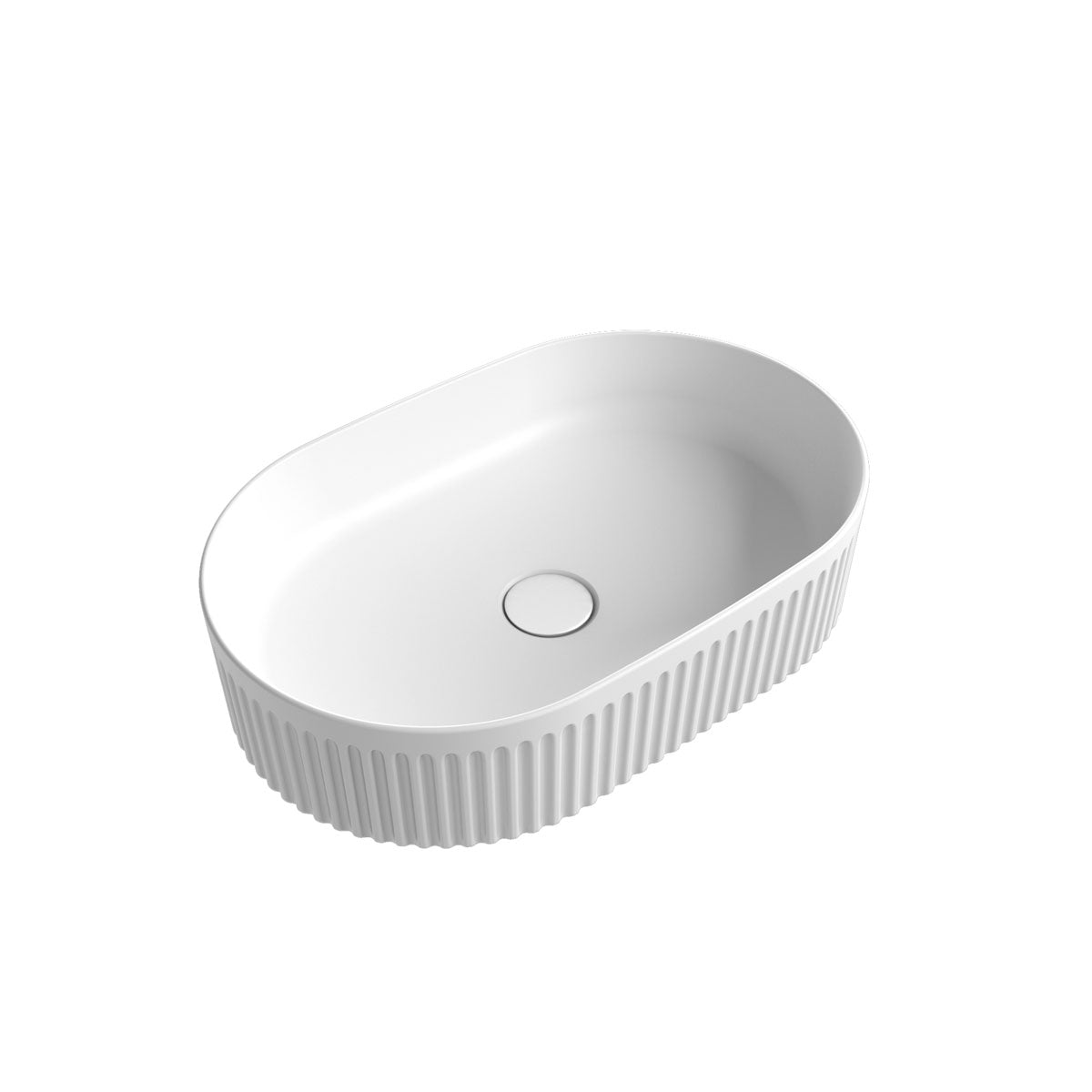 Suzette matte white oval above counter basin in vitreous china with a V-groove fluted exterior, measuring 500 × 320 × 120 mm.