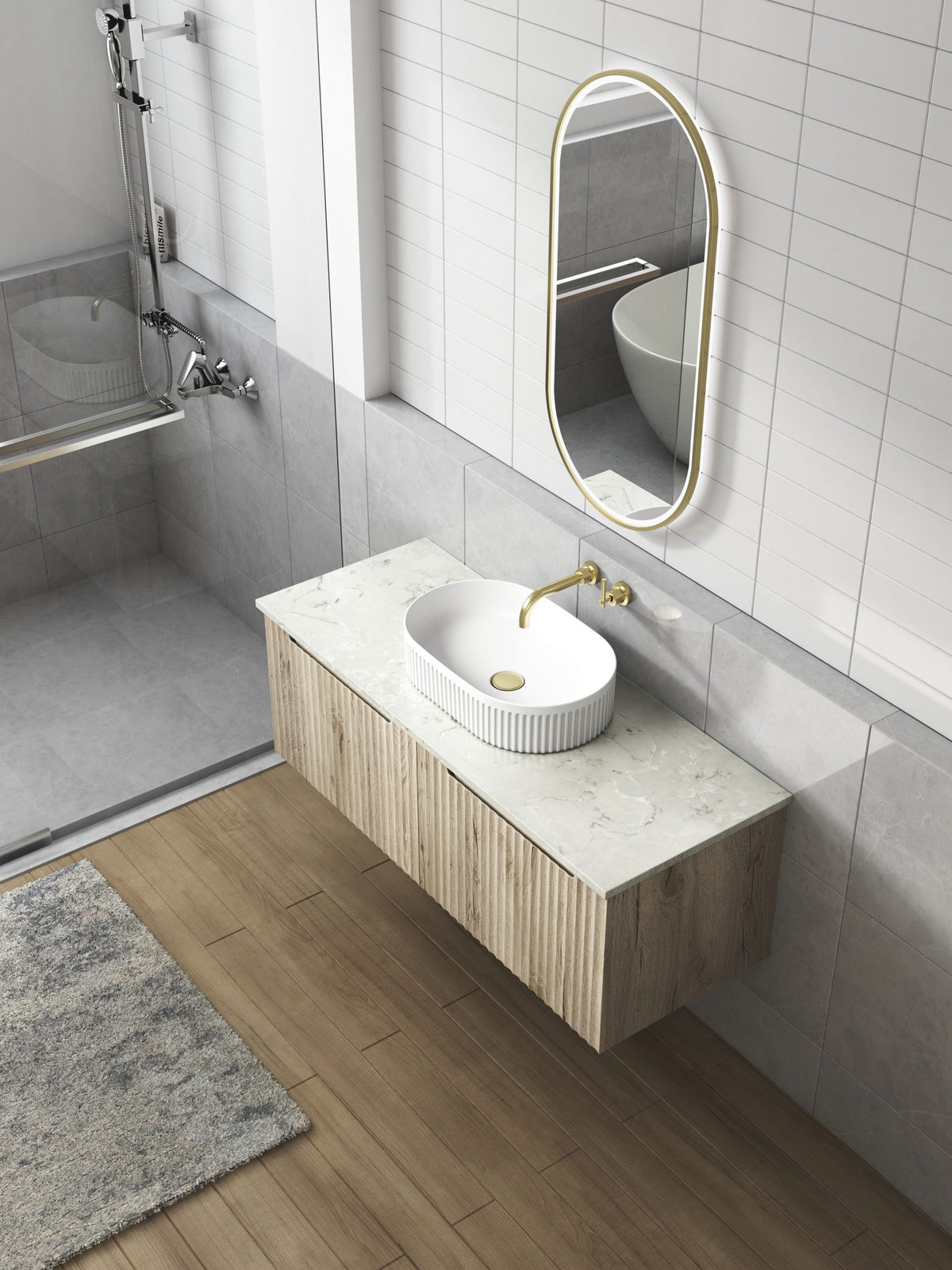 Suzette matte white oval above counter basin in vitreous china with a V-groove fluted exterior, measuring 500 × 320 × 120 mm.