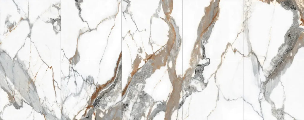 Valerisse Gold gloss porcelain tile in 600 x 600 mm, featuring a white base with striking grey and warm gold veining for an elegant finish.