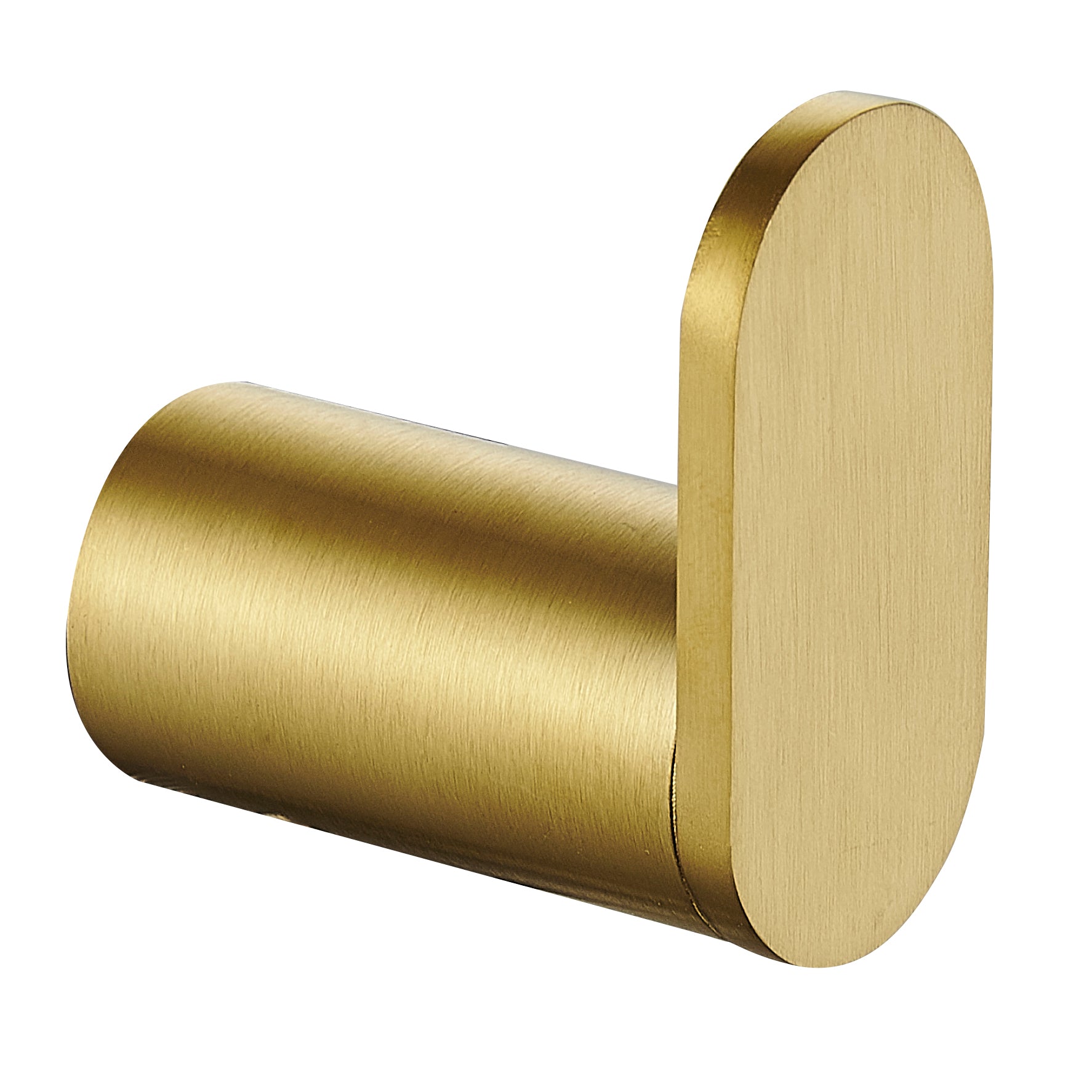 A brushed gold L-shaped wall hook with a cylindrical side and a flat oval back, shown on a plain white background.