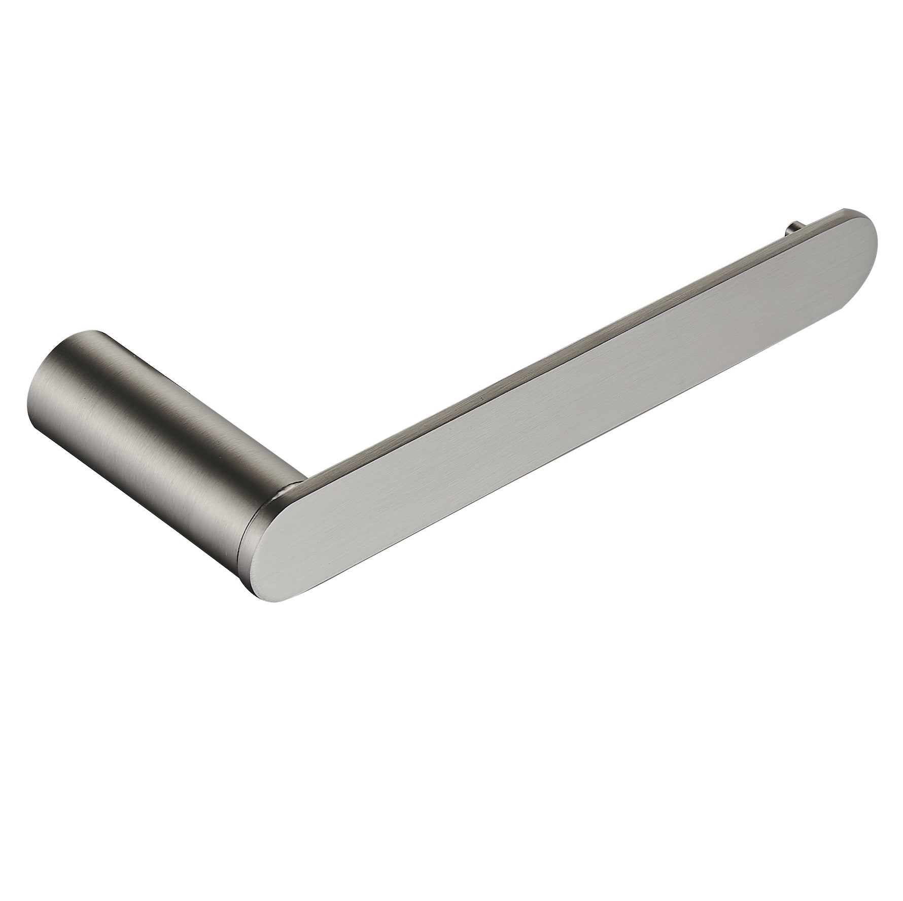 A modern L-shaped bathroomtoilet roll holder with a brushed nickel finish, shown on a plain white background.