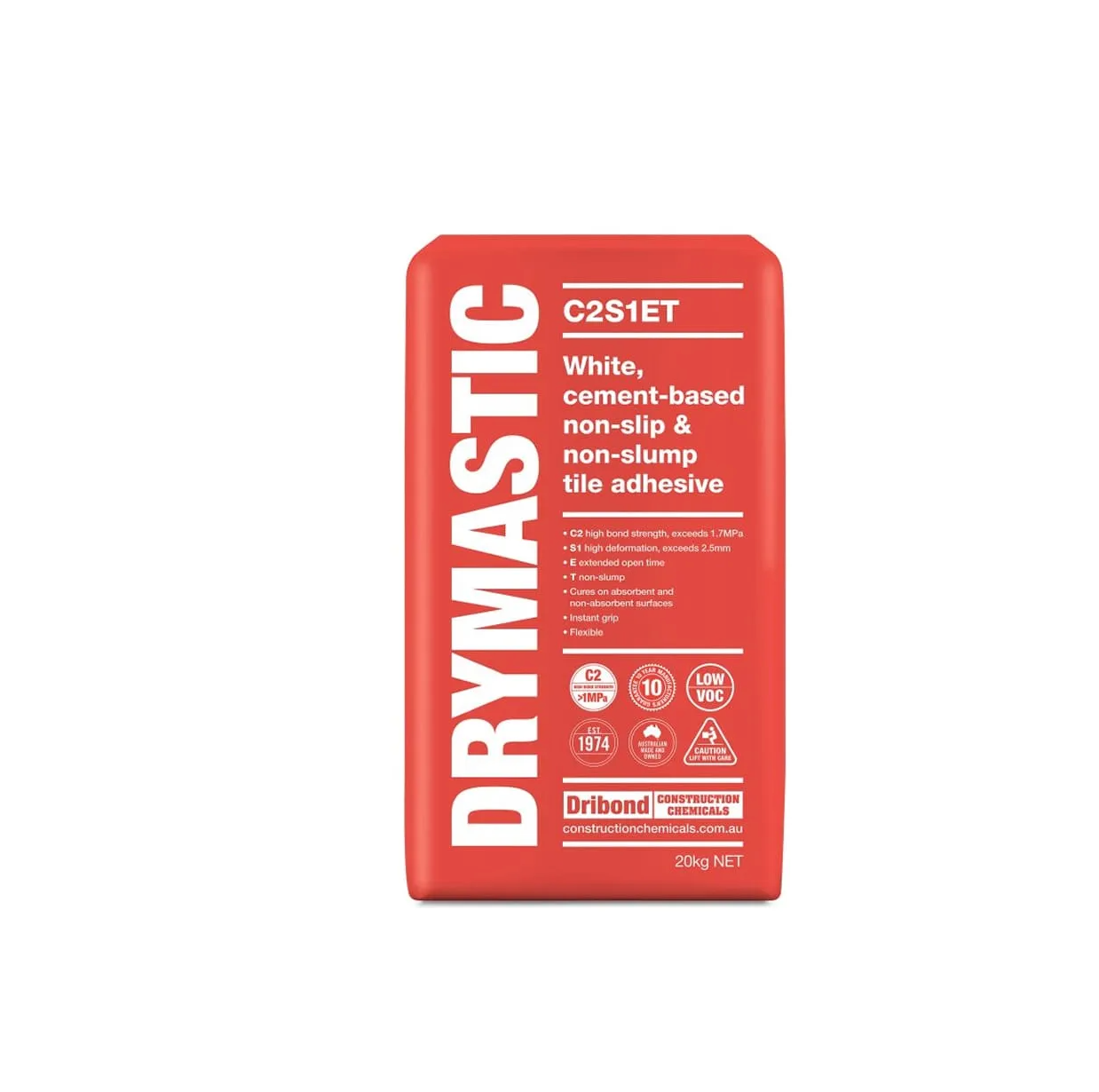 A red bag of DRYMASTIC C2S1ET tile adhesive, featuring white text and icons, set against a plain white background.