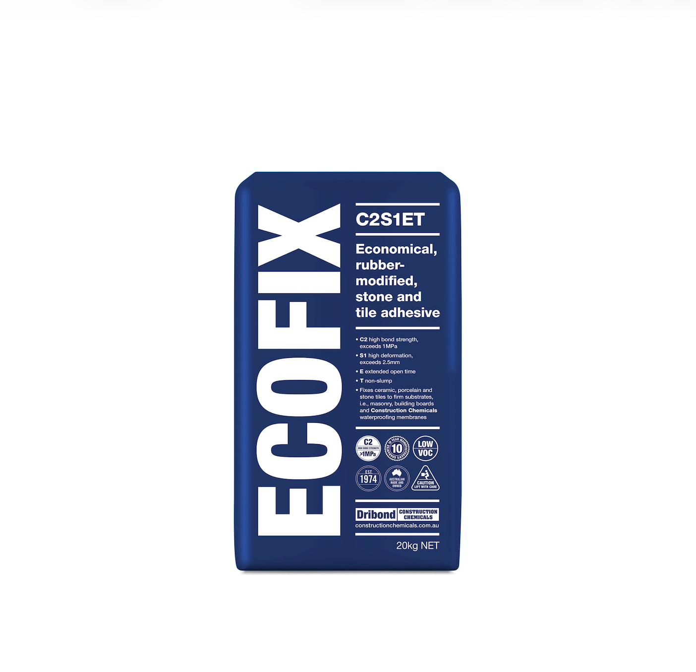 Ecofix in a 20 kg bag in white background. It is a cement adhesive for fixing ceramic, porcelain and stone tiles to firm substrates, i.e., masonry, building boards and Construction Chemicals waterproofing membranes