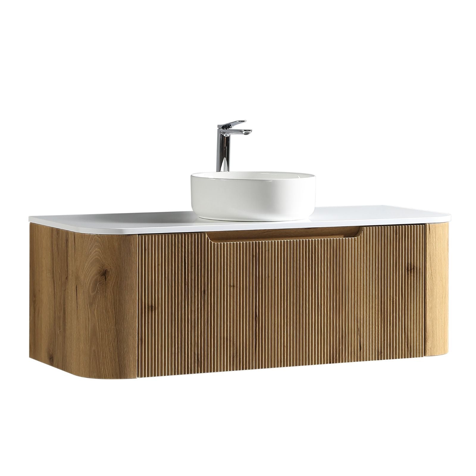 Arlocurve 1200mm wall-hung oak vanity with fluted angle