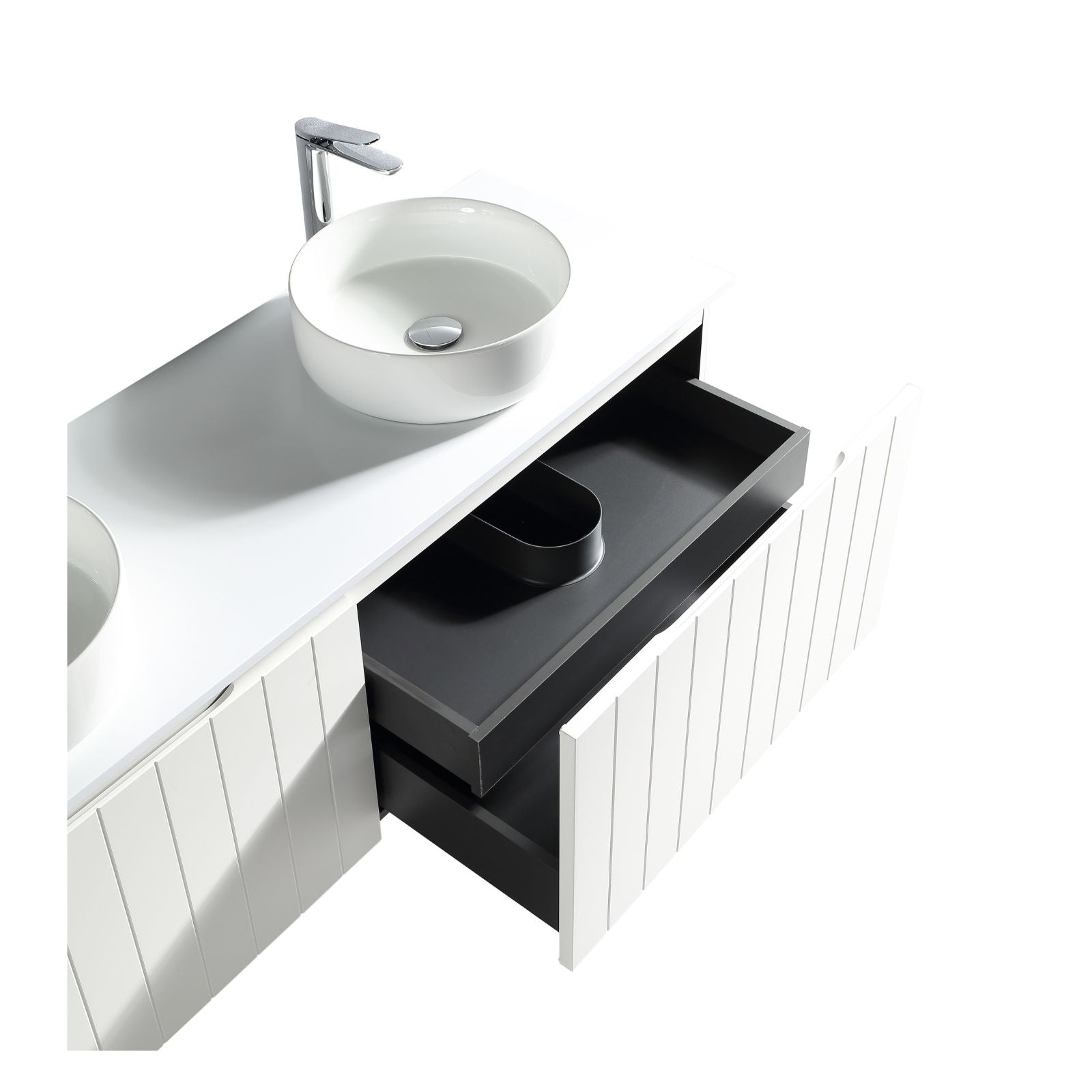 Bayshore vanity 1500mm matte white front one drawer open