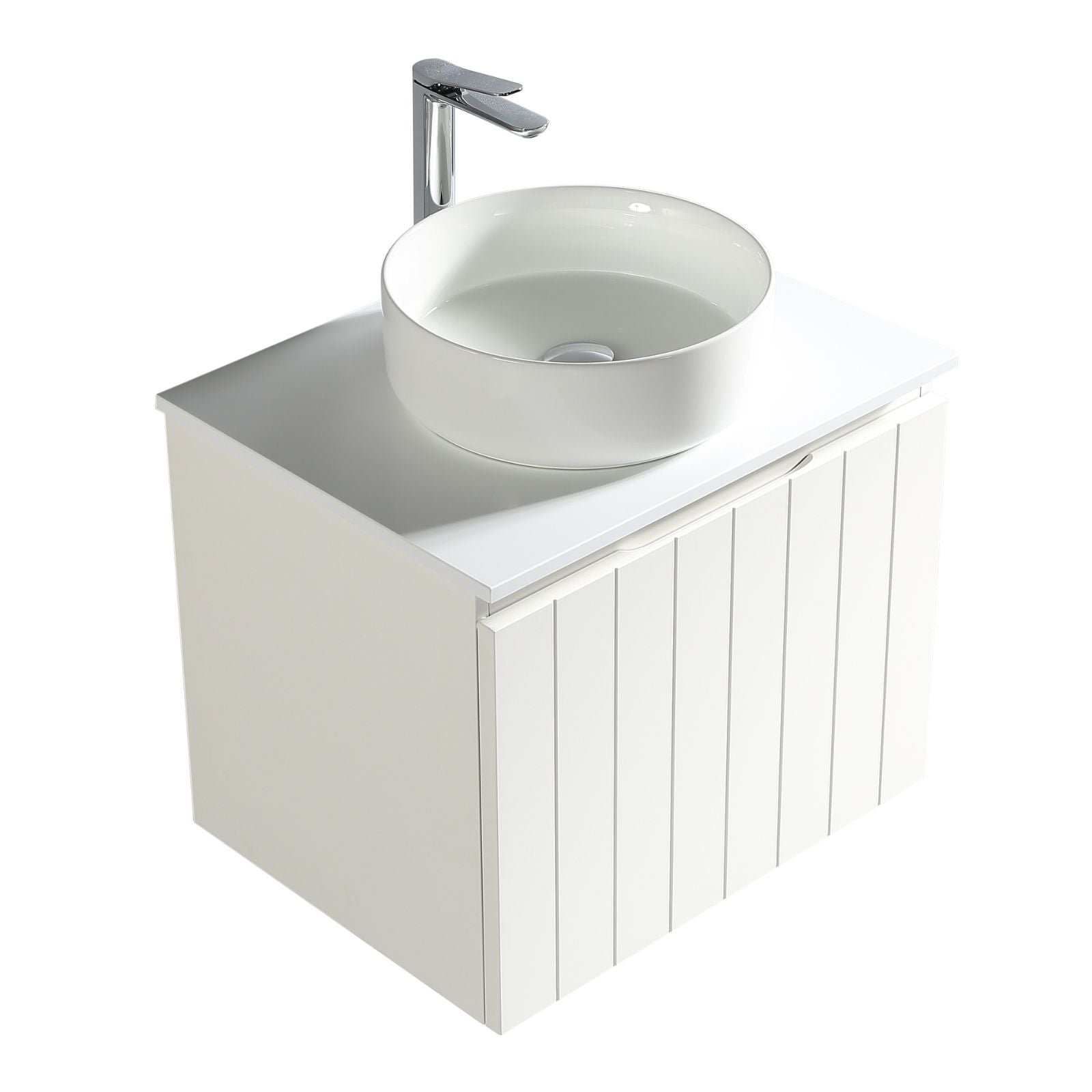 Bayshore 600 mm wall-hung vanity in matte white with fluted front and carved handle—top view