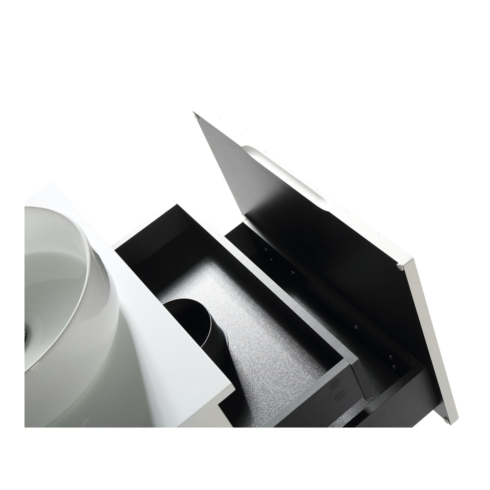 Bayshore 600 mm wall-hung vanity in matte white with fluted front and carved handle—drawers top view