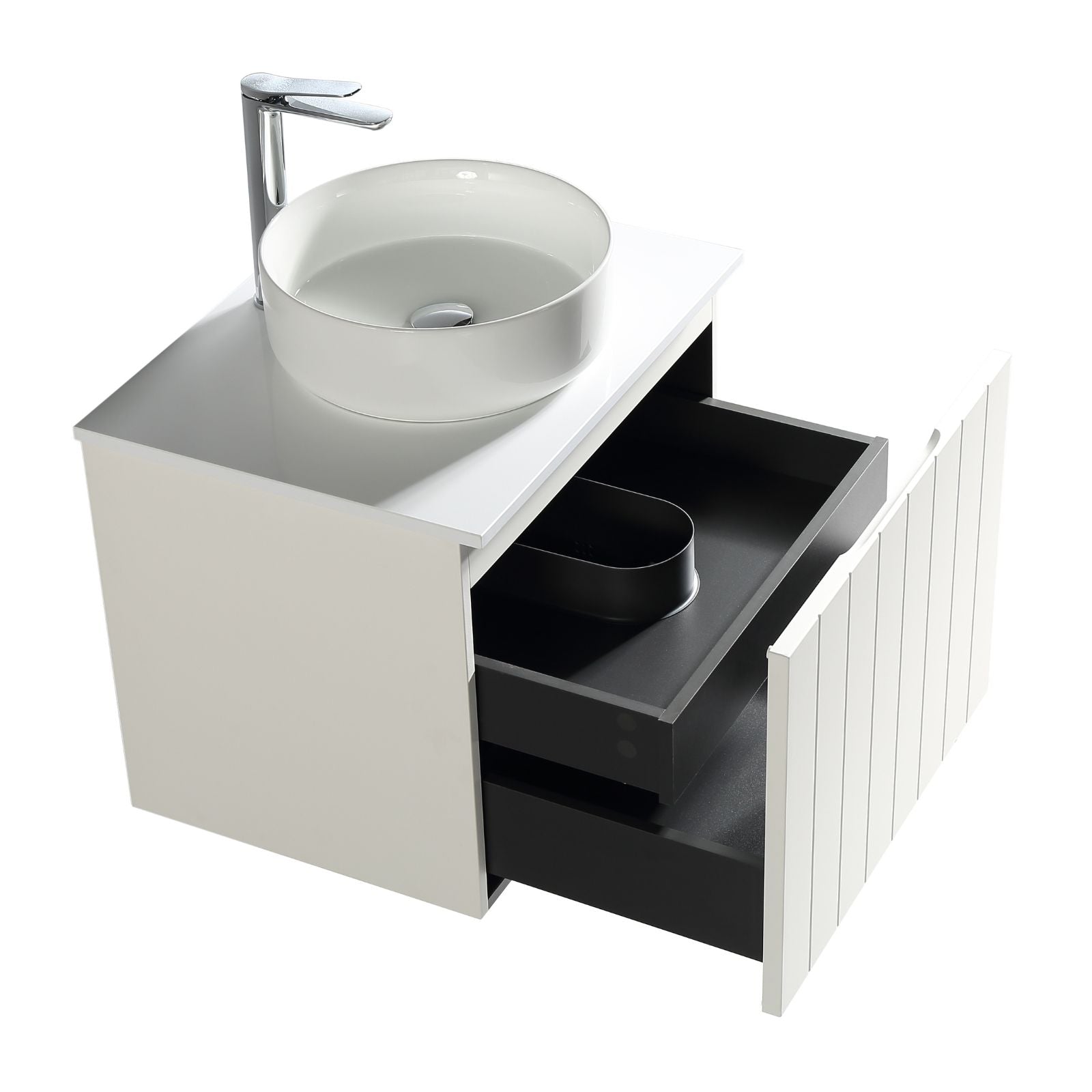 Bayshore 600 mm wall-hung vanity in matte white with fluted front and carved handle—drawers angled view