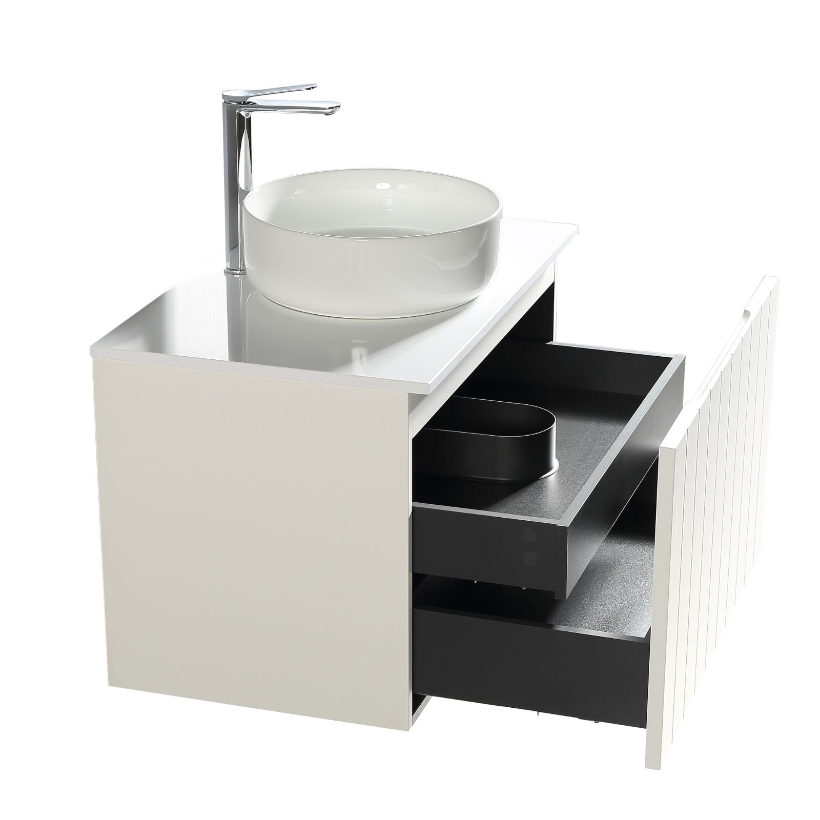 hora bayshore vanity 750mm matte white front open drawers