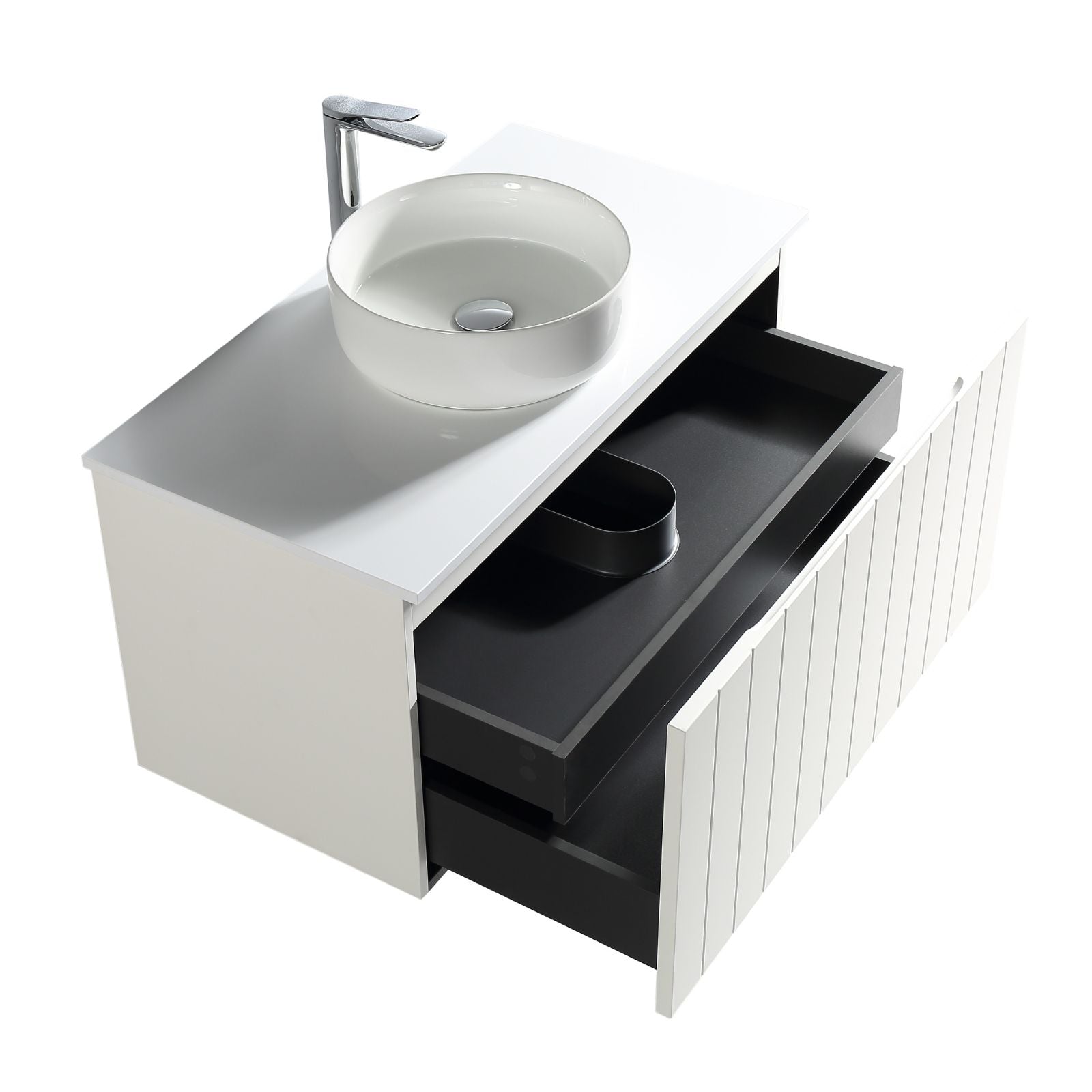 Bayshore vanity 900mm matte white front drawer top view