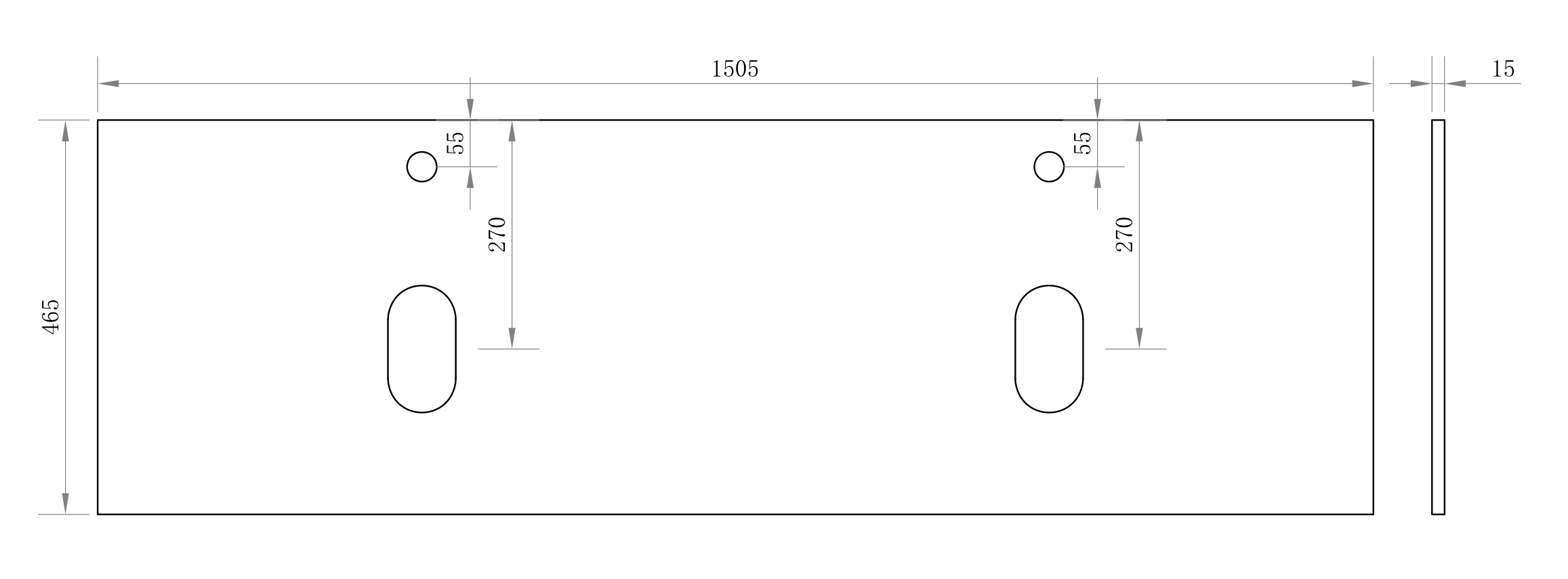 Aeris Stone Vanity Top 1505 mm Rectangular 15 mm thick double-basin cut-outs with two centre tap holes (Pure white)