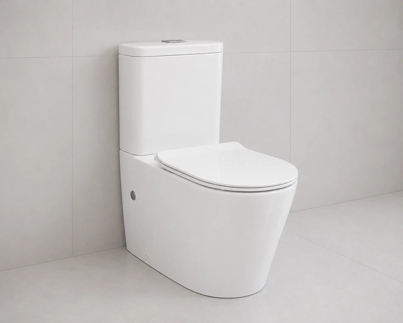 White toilet against a light gray tiled wall