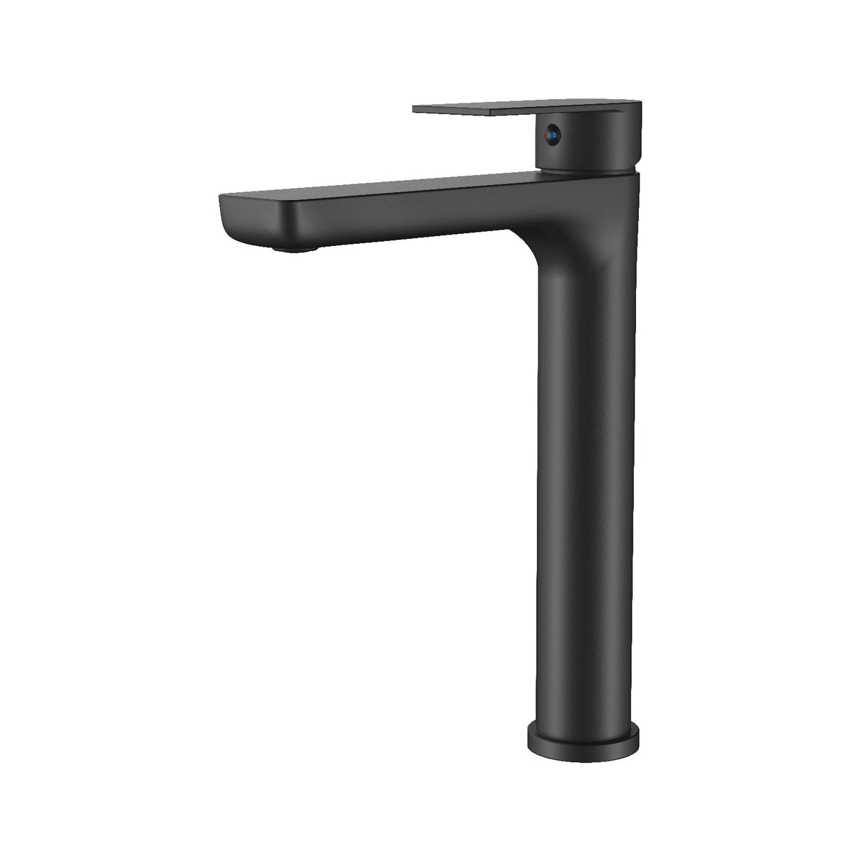 Velnora extended square vessel basin mixer in matt black finish.	