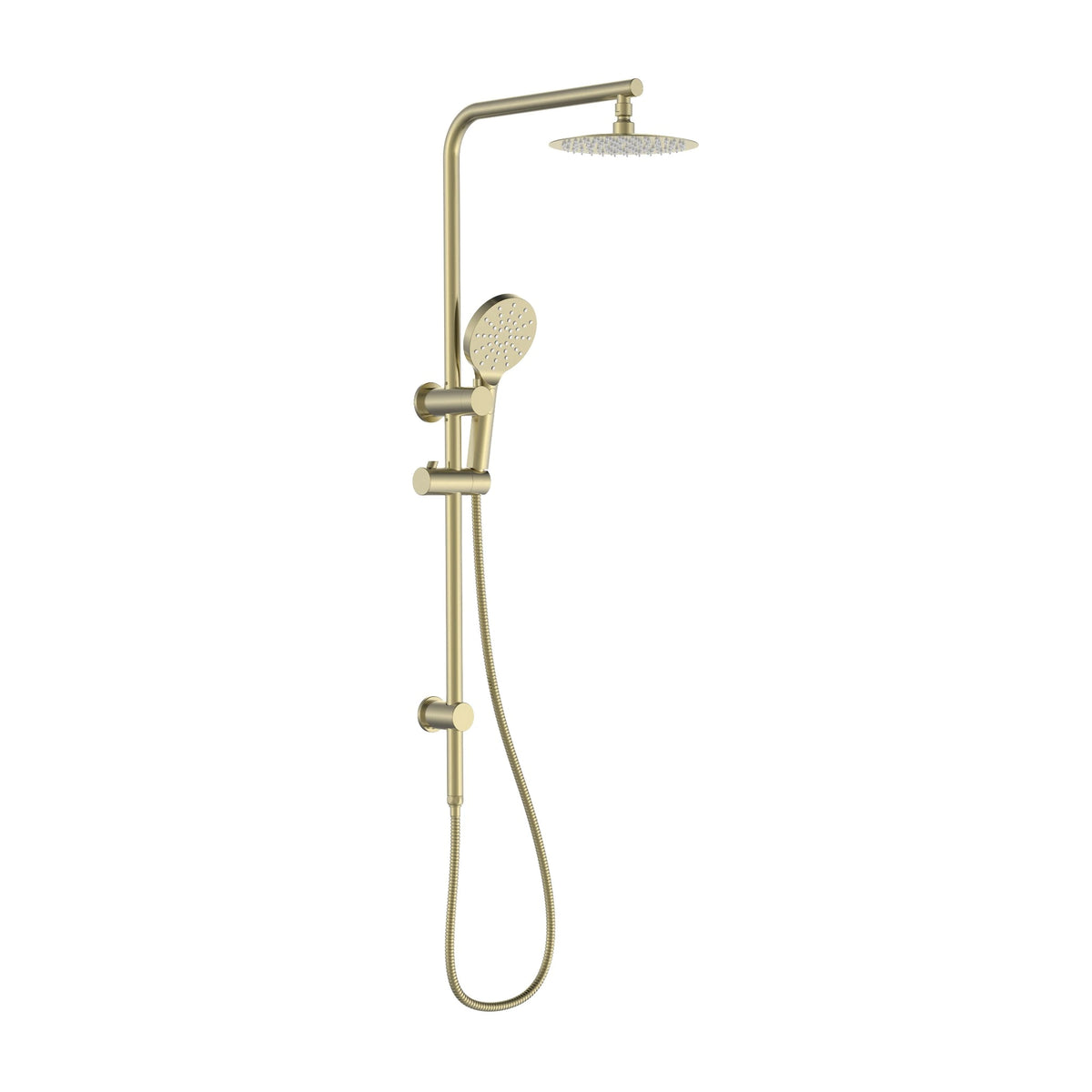 Velnora shower rail set with overhead shower and hand shower in brushed brass finish on a white background.