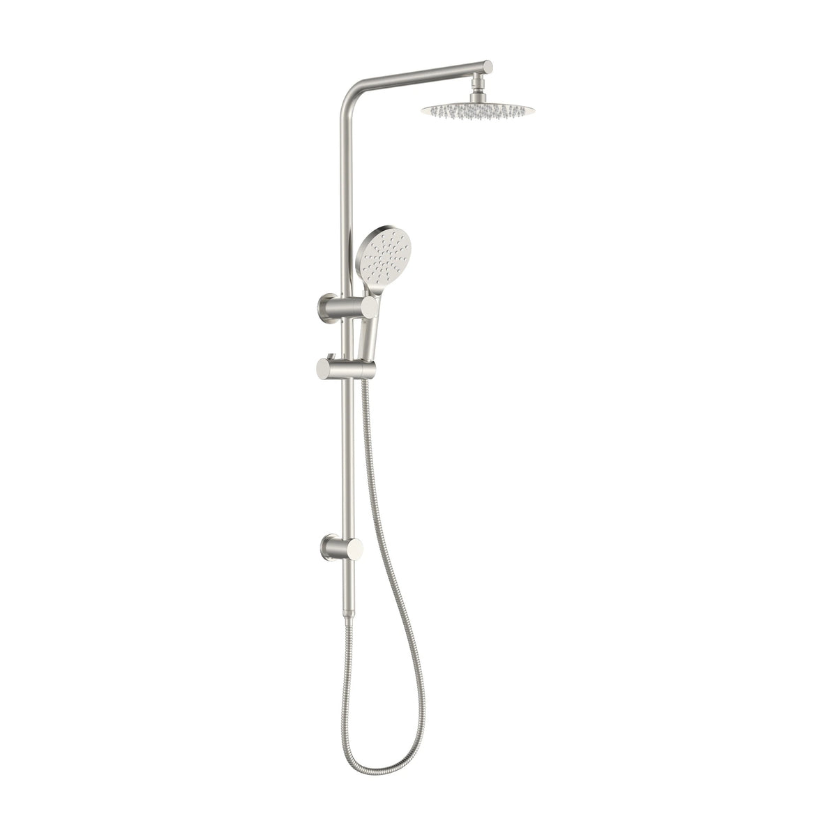 Velnora shower rail set with overhead shower and hand shower in brushed nickel finish on a white background.